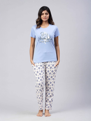 Ramraj Cotton Women Printed Blue Top & Pyjama Set