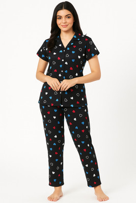 Zibasro Women Floral Print Black Shirt & Pyjama set