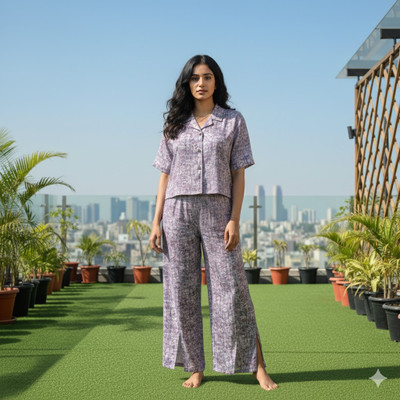 AVNOUR Women Printed, Abstract Purple Shirt & Pyjama set