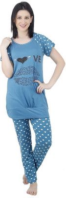 Camey Women Printed Blue Top & Pyjama Set
