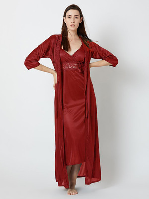 Cuteva Women Nighty with Robe(Maroon)
