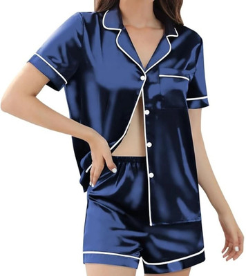 Vd hub Women Solid Dark Blue Night Suit Set