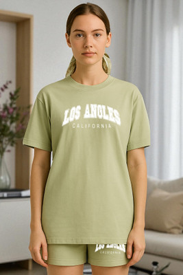 Elvia Women Printed Light Green Top & Shorts Set