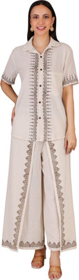 Thread Craft Studio Women Embroidered, Ethnic Motifs, Geometric Print Beige Shirt & Pyjama set