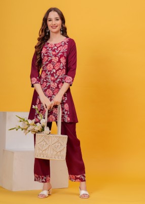 Dressar Women Printed Maroon Top & Pyjama Set