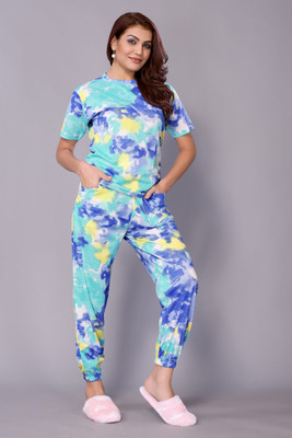 HouseOfCommon Women Printed Light Blue Night Suit Set