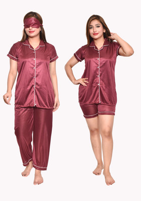 clothus Women Solid Maroon Night Suit Set