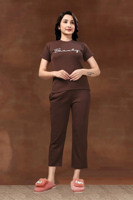 PTELRA Women Printed Brown Night Suit Set