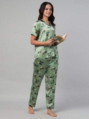Clovia Women Floral Print Green Top & Pyjama Set