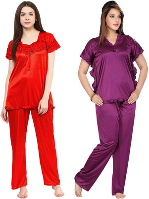 Boosah Women Solid Purple, Red Top & Pyjama Set