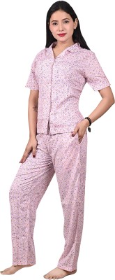 A R TRADERS Women Printed Pink Night Suit Set