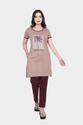 Clint Women Printed Brown, Pink Top & Pyjama Set