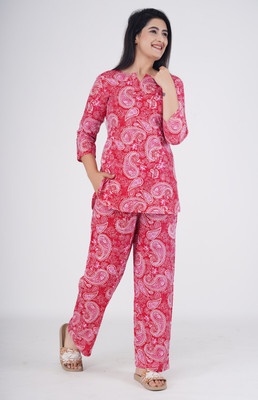 PRADHRUHE Women Printed Pink Top & Pyjama Set