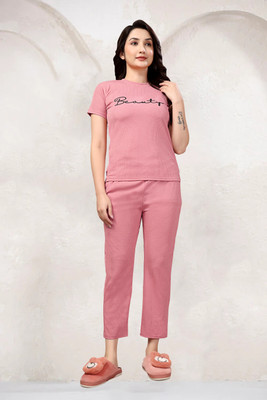 ZEEMBOOLI Women Self Design Pink Top & Pyjama Set