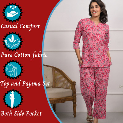 Loomista Women Printed Pink Top & Pyjama Set