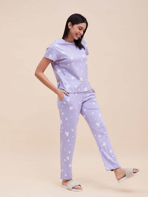HouseOfCommon Women Printed Purple Night Suit Set