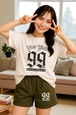 Elvia Women Printed Green Top & Shorts Set