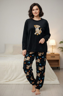 Visista Women Animal Print Black Night Suit Set