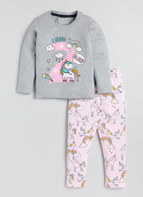 Yk Girls Printed Grey Night Suit Set