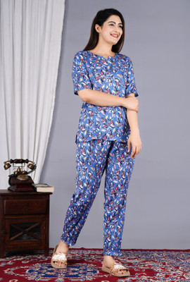RAMDOOT CREATION Women Printed Blue Top & Pyjama Set