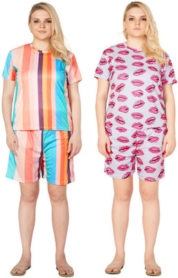ANFAFAB Women Printed Multicolor Top & Shorts Set