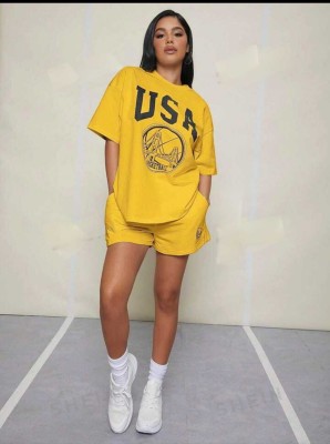 TOPSETOE Women Printed, Solid Yellow Top & Shorts Set