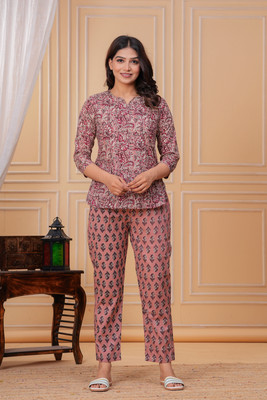 GADWAL FEBRIC Women Printed Brown Top & Pyjama Set