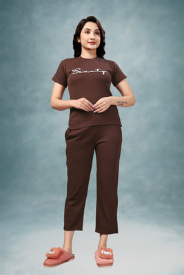 MEEMBOOLI Women Printed Brown Top & Pyjama Set