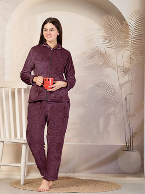 Fabinaliv Women Solid Purple Night Suit Set