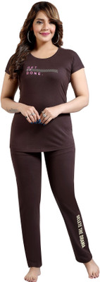 UNIVERSE QUEEN Women Printed Brown Top & Pyjama Set