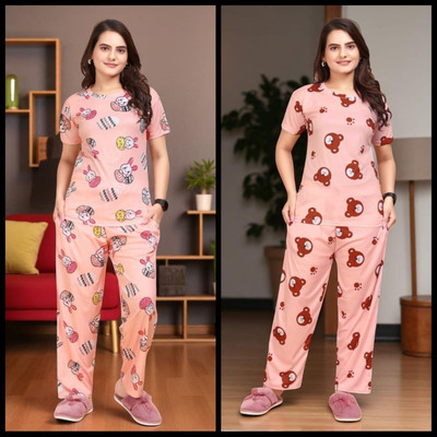 FASHION GREAB Women Printed Pink Top & Pyjama Set