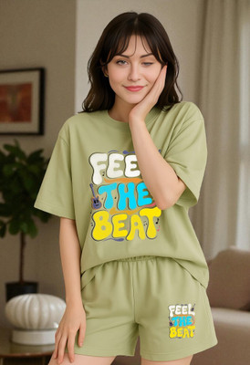 Elvia Women Printed Light Green Top & Shorts Set
