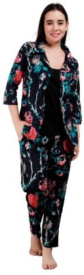 ALLEN WEAVE Women Floral Print Black Night Suit Set