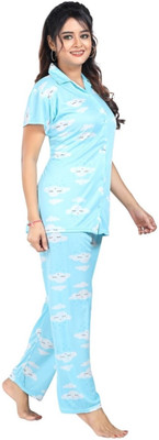 Qunity Women Printed Light Blue Night Suit Set