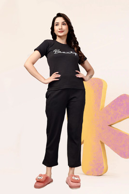MEEMBOOLI Women Solid Black Top & Pyjama Set