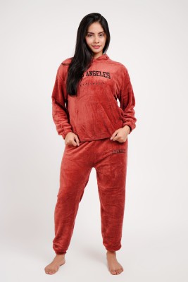 Lugo Women Solid Red Night Suit Set