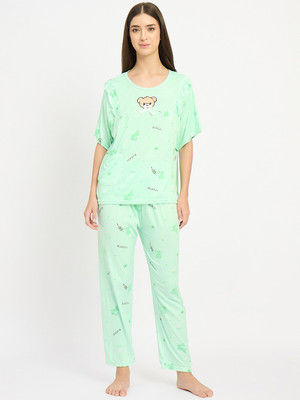 Camey Women Printed Green Top & Pyjama Set
