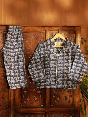 The Natkhat Tales Baby Boys & Baby Girls Animal Print Blue Top & Shorts Set