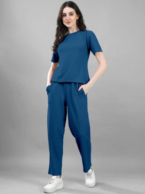 HouseOfCommon Women Colorblock Blue Night Suit Set