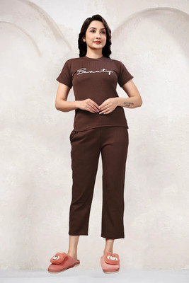 ZEEMBOOLI Women Self Design Brown Top & Pyjama Set
