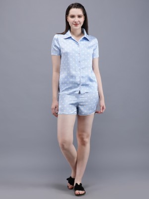 Waylene Women Printed Light Blue Top & Shorts Set