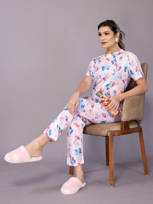 HouseOfCommon Women Printed White Night Suit Set