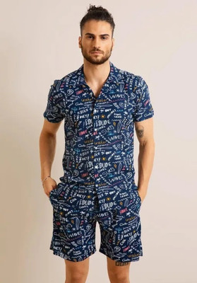 TANISHA FASHION Men Printed Blue, White Night Suit Set