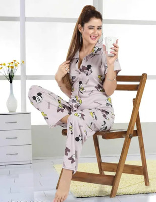 Qunity Women Printed Grey Night Suit Set