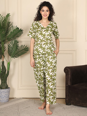 ETC Women Printed Green Night Suit Set