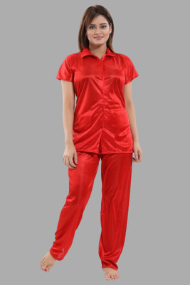 Glam World Women Solid Red Shirt & Pyjama set