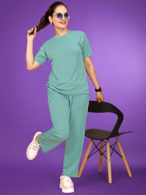 SAKARMAA Women Solid Light Blue Top & Pyjama Set