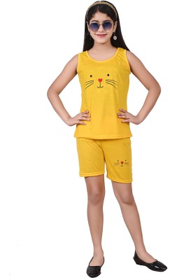 urban cat Boys & Girls Graphic Print Yellow Top & Shorts Set