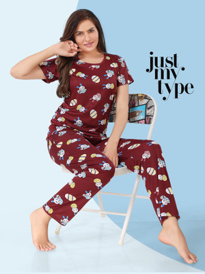 Trade Zone Women Printed Maroon Top & Pyjama Set