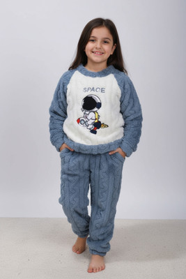 Moka Boys & Girls Self Design Blue Top & Pyjama Set